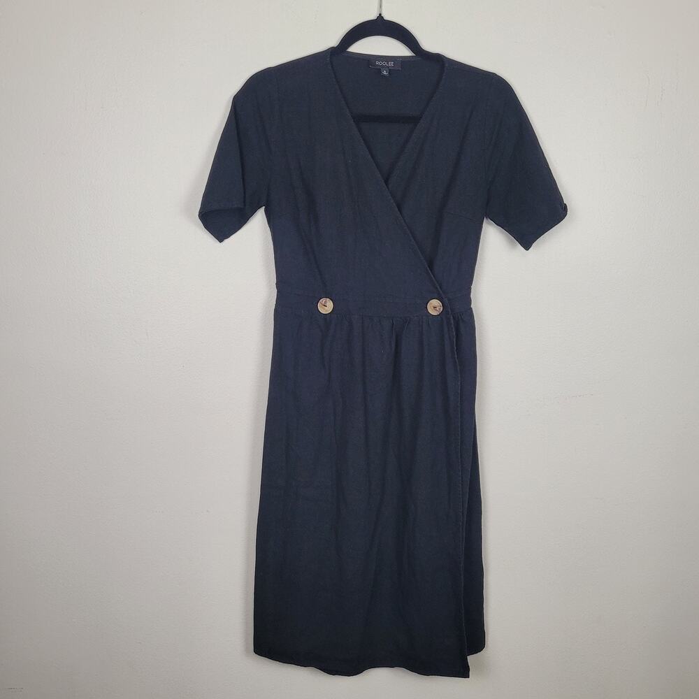 Roolee Women’s Small Black Linen Blend Midi Dress Nursing Friendly - Picture 2 of 6
